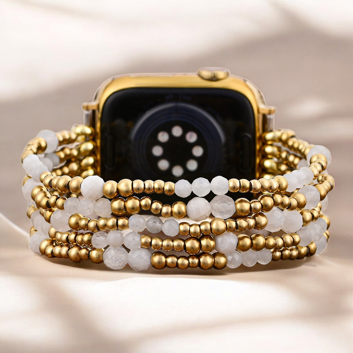 Pulseira Elástica Apple Watch com Pedra da Lua Halo Dourada