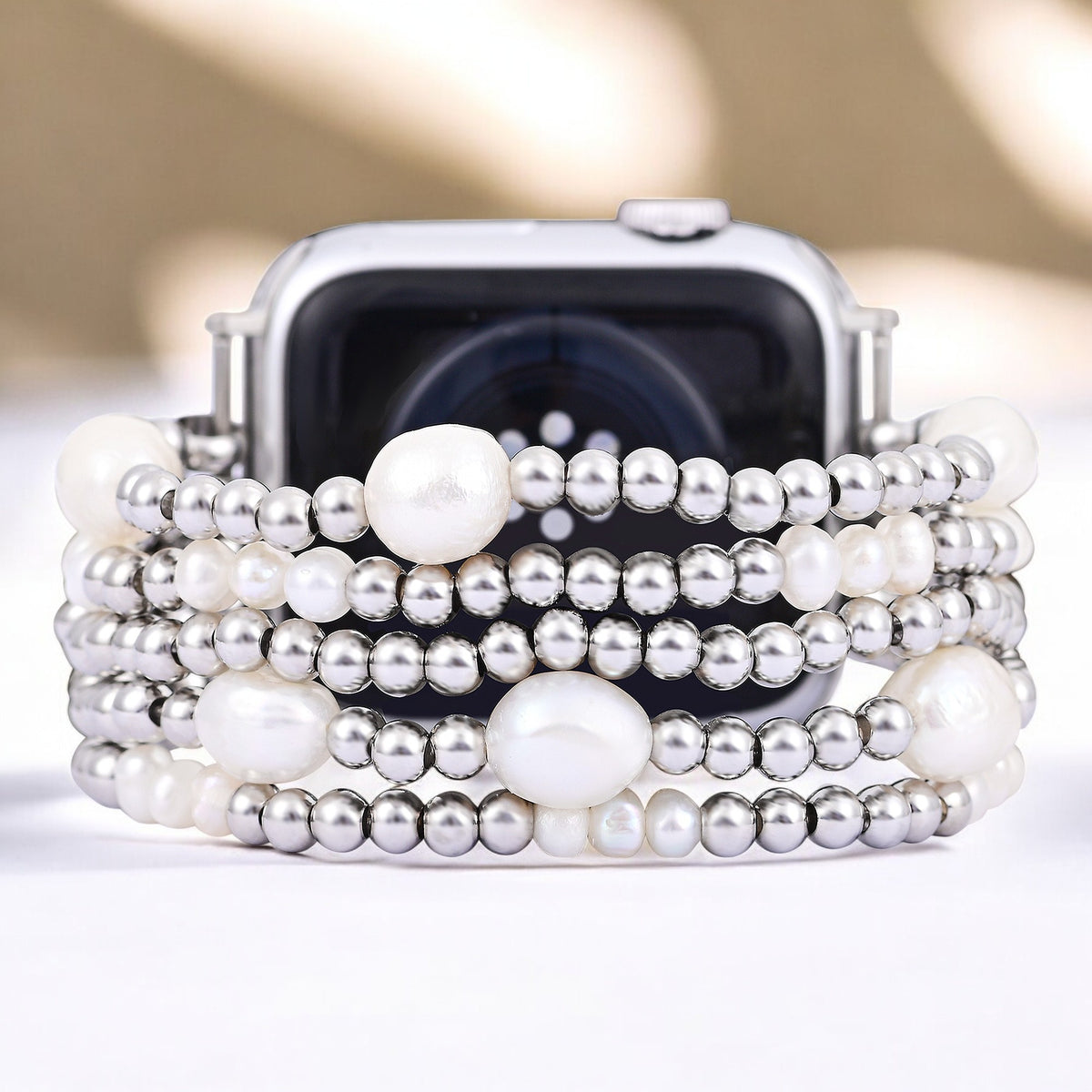 Pulseira Elástica de Pérola e Prata para Apple Watch