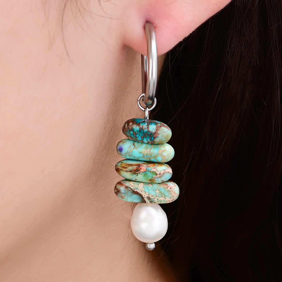 Brincos Argola Ocean Bliss com Pérola e Jaspe Turquesa