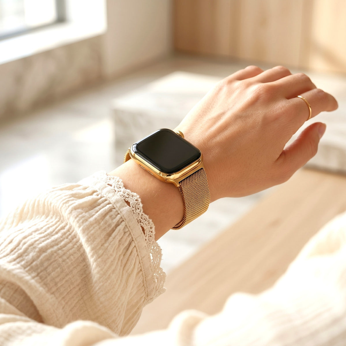Pulseira de Luxo Elástica em Aço Dourado para Apple Watch