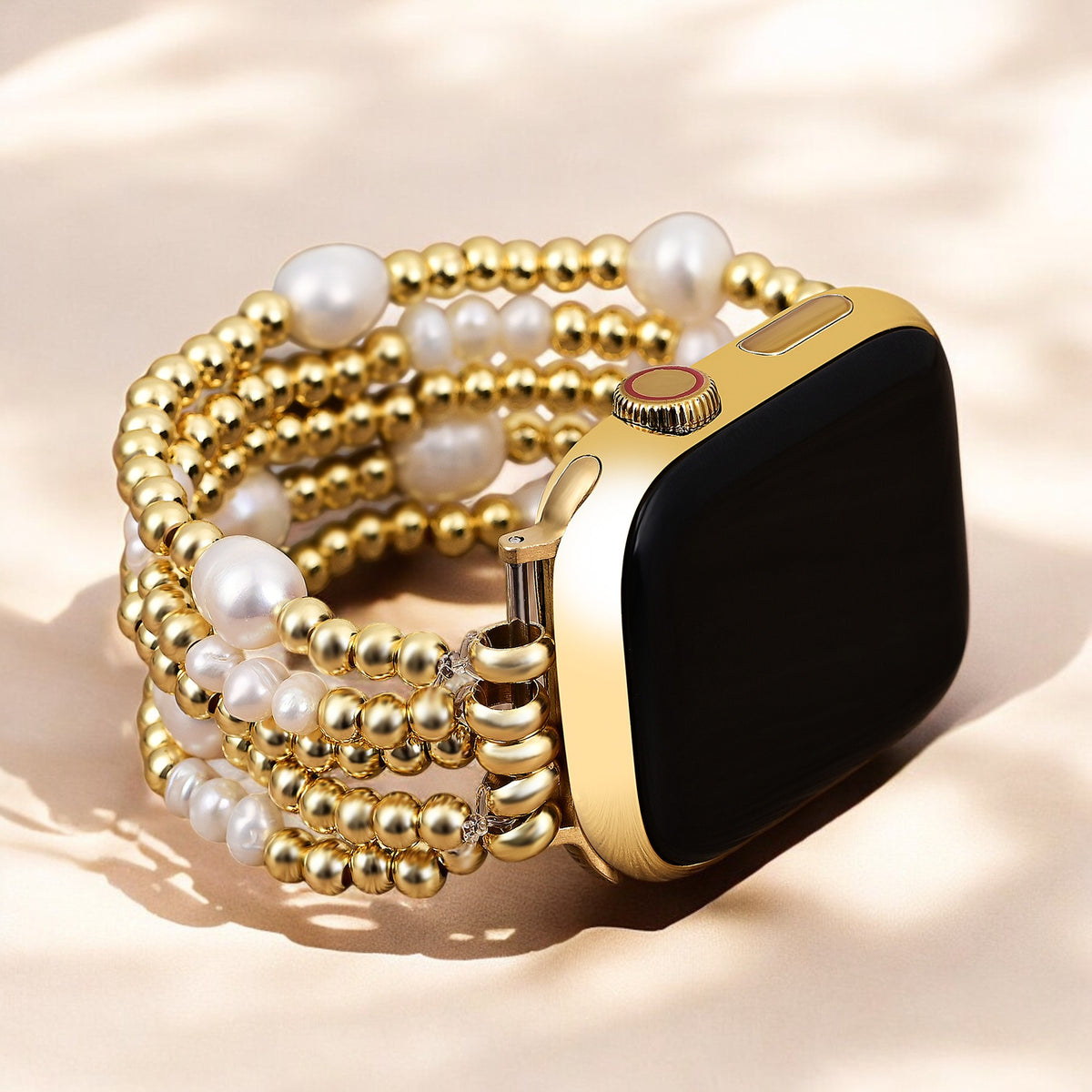 Pulseira Elástica Dourada e Pérola para Apple Watch