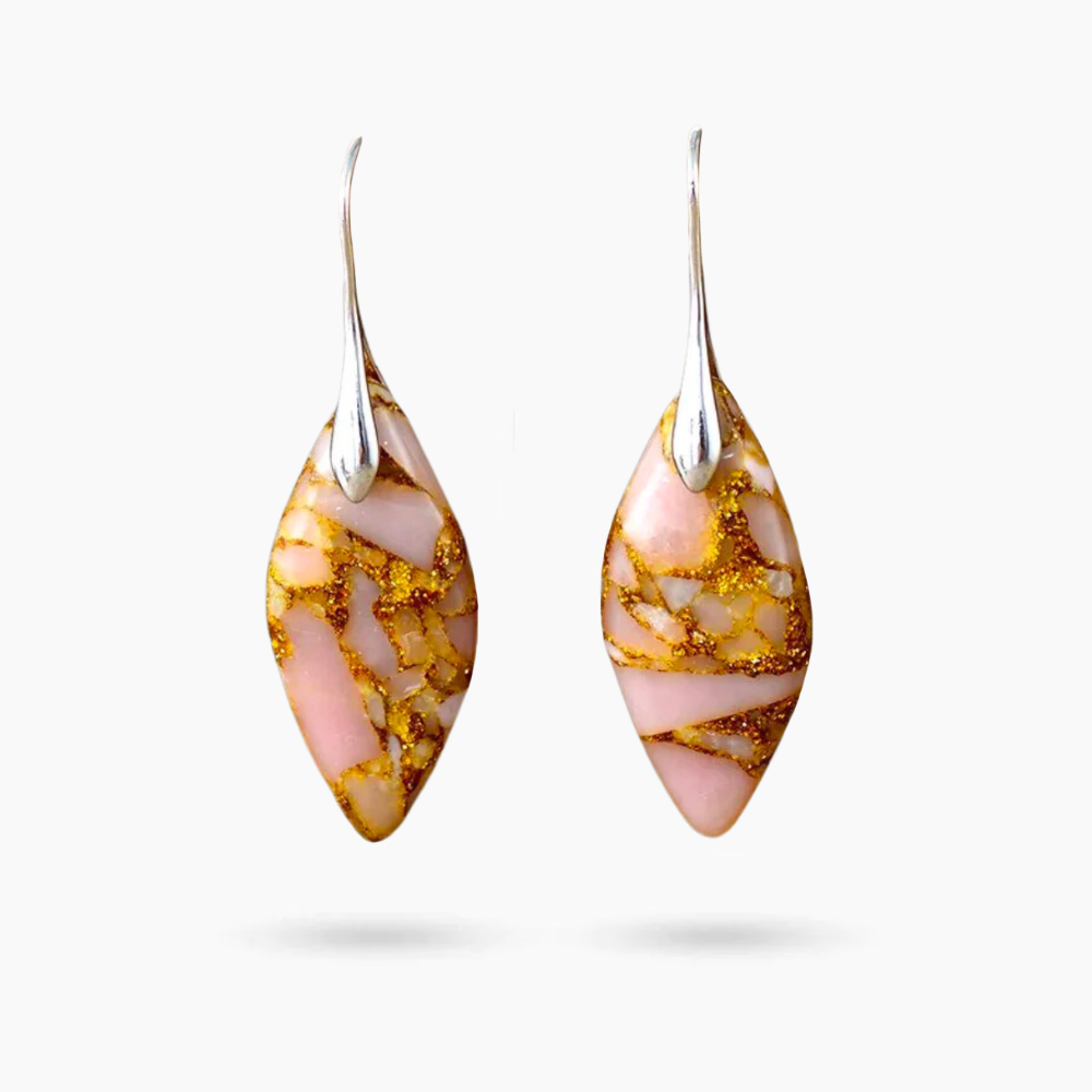 Brincos de Jaspe Folhas de Pêssego Dourado