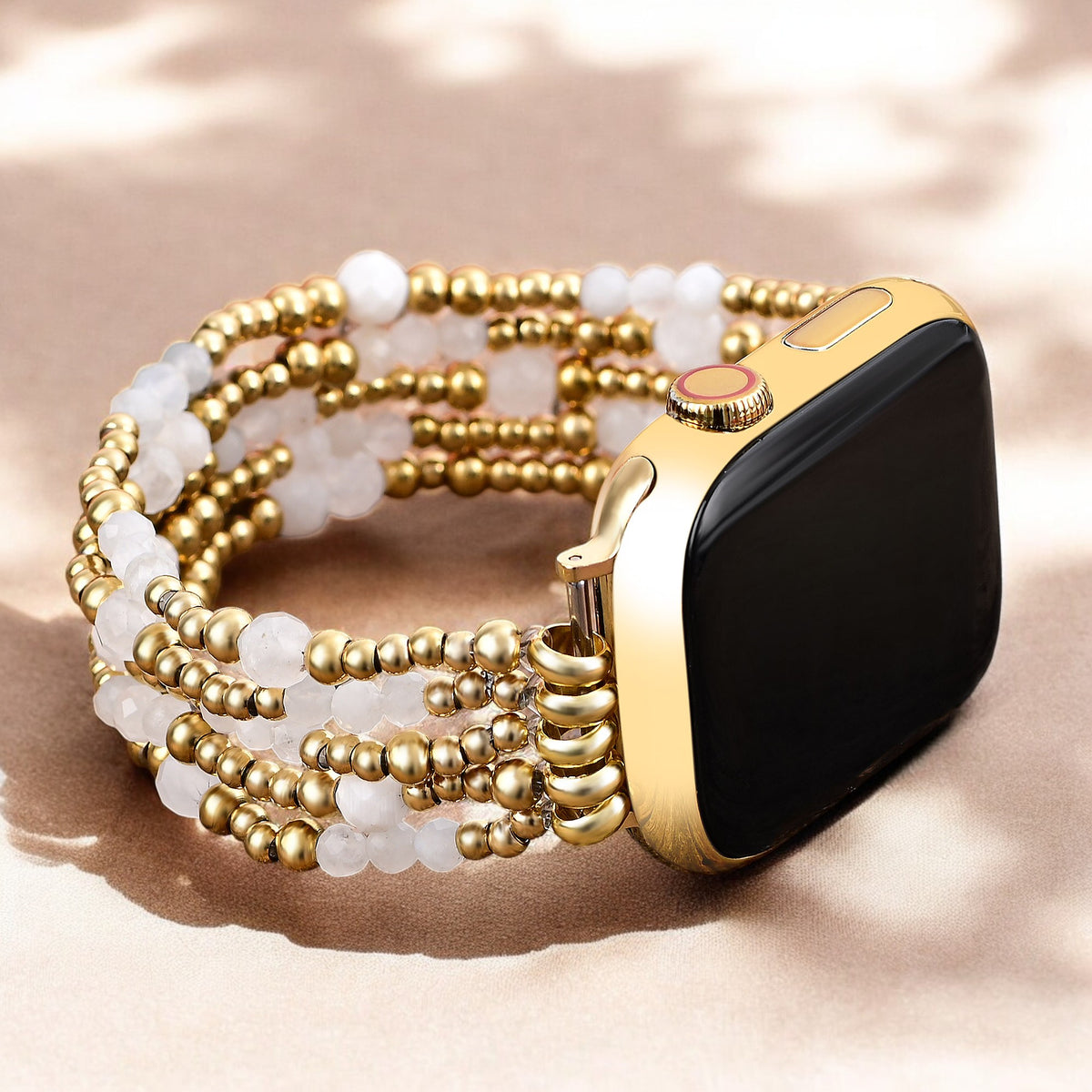 Pulseira Elástica Apple Watch com Pedra da Lua Halo Dourada
