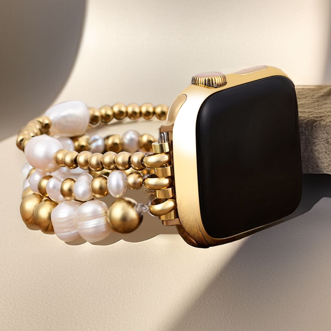 Pulseira Elástica de Pérola de Água Doce Dourada para Apple Watch
