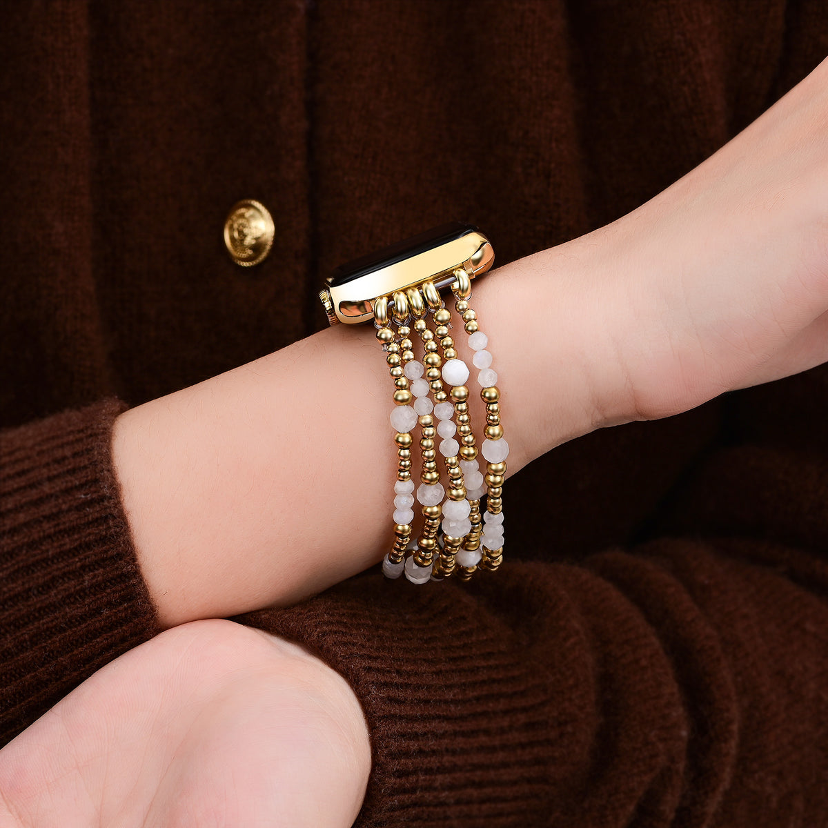 Pulseira Elástica Apple Watch com Pedra da Lua Halo Dourada