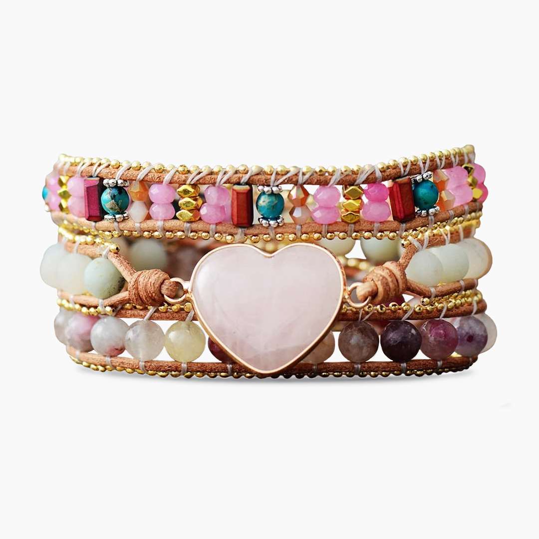 Pulseira Envolvente de Coração de Quartzo Rosa Sonhador