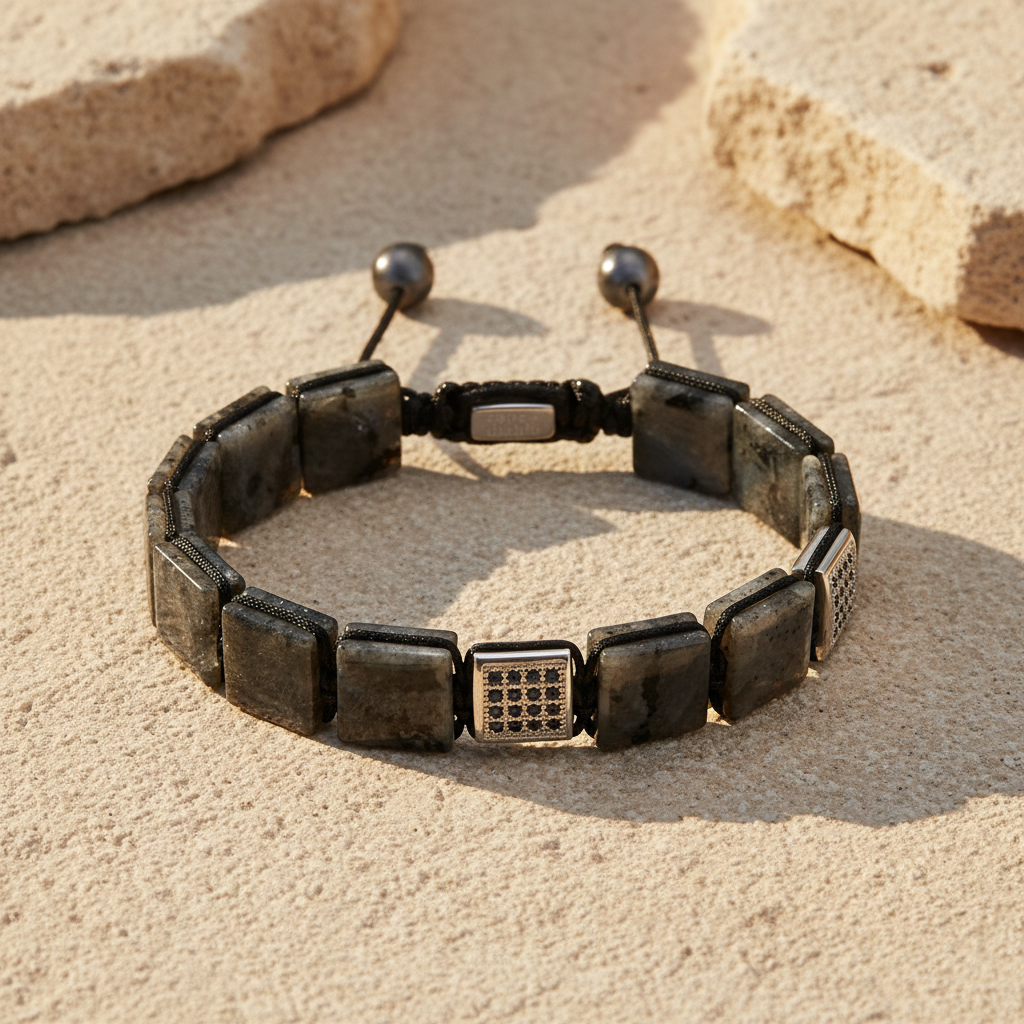 Pulseira masculina preta de labradorita