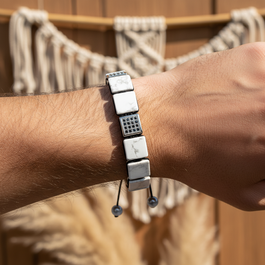 Pulseira masculina branca de turquesa