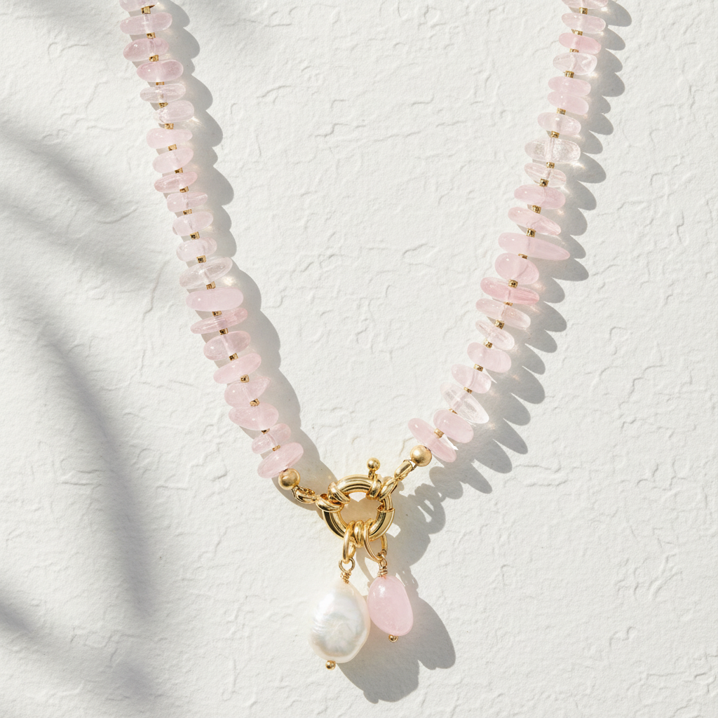 Colar com Pingente de Quartzo Rosa