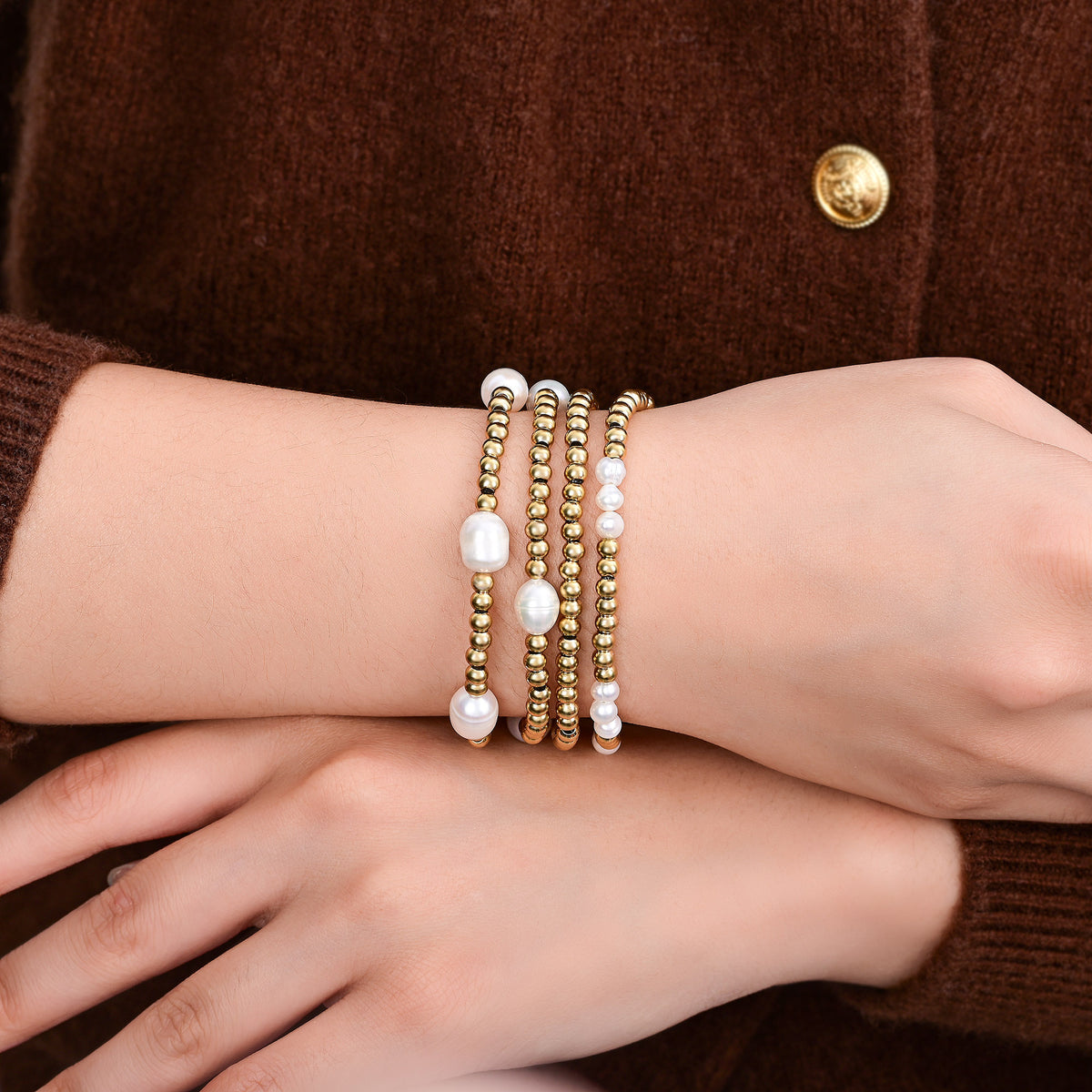 Conjunto de Pulseiras de Ouro e Pérola