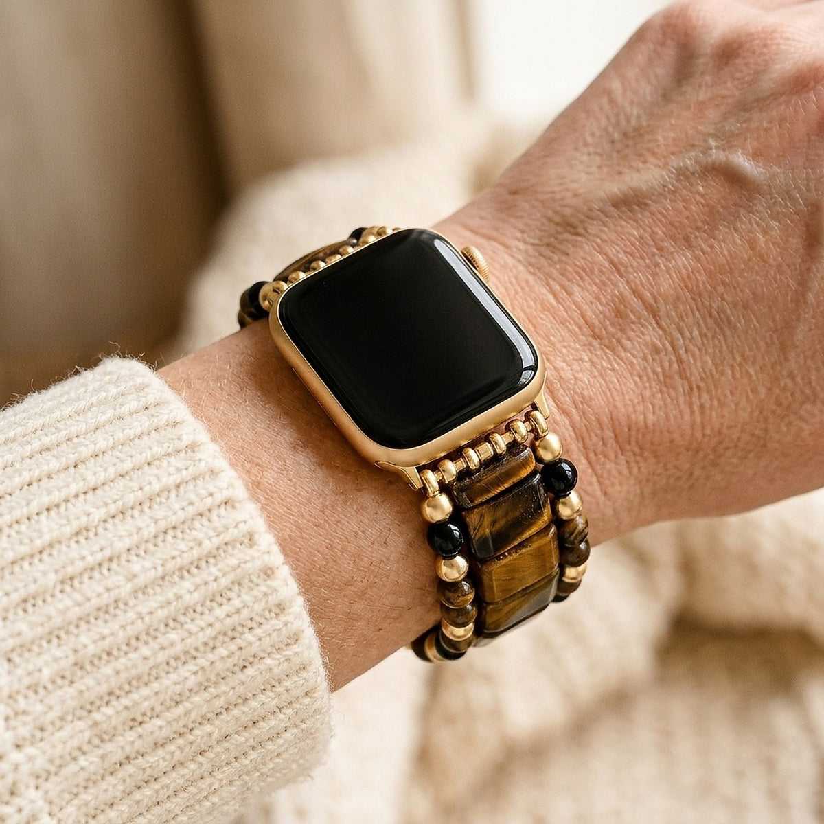 Fearless Heart tiger's eye Apple Watch strap worn on the wrist