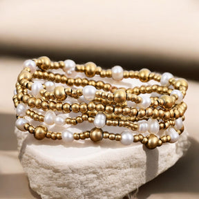 Conjunto de Pulseiras com Pérolas Douradas Cintilantes