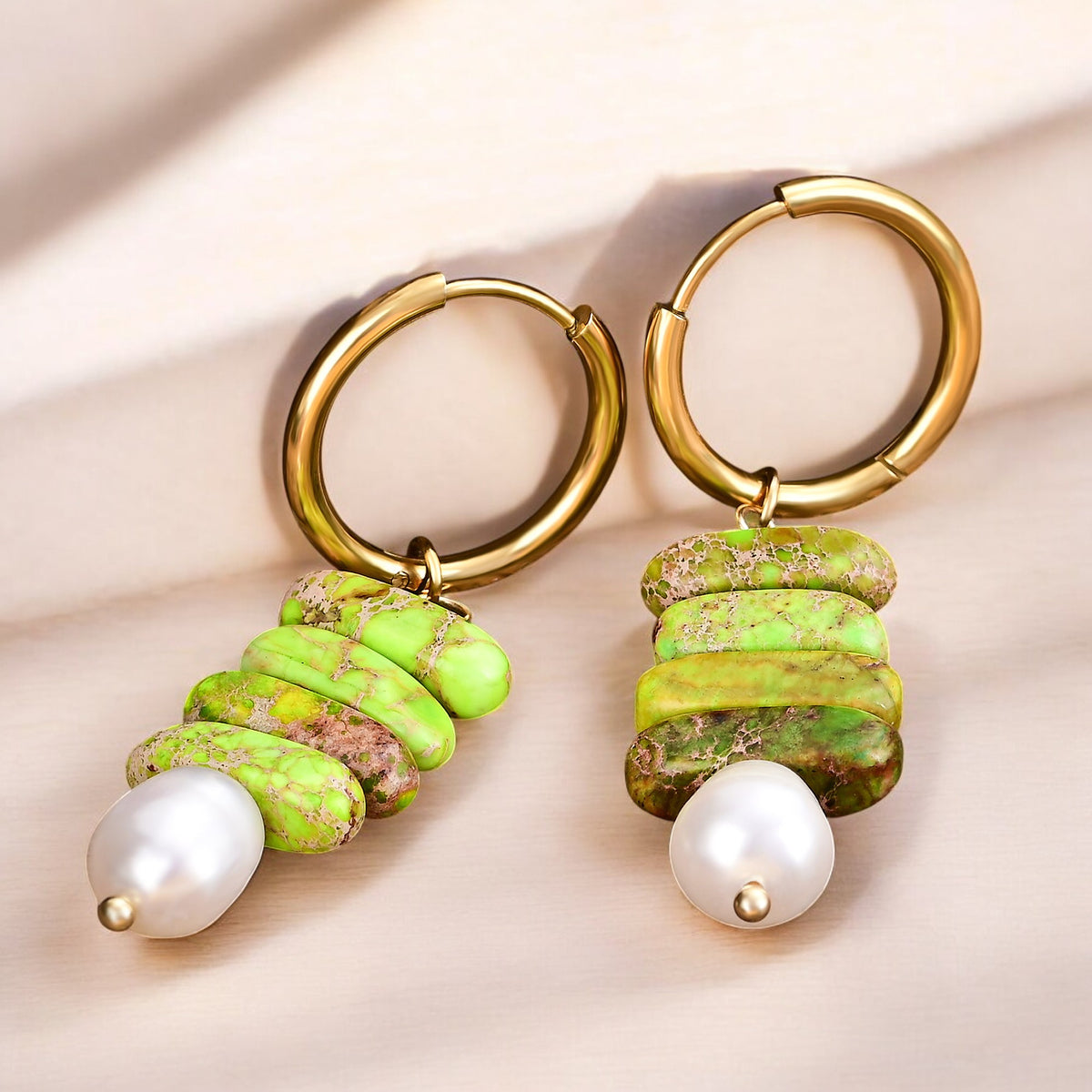 Brincos de Argola com Pérola Ocean Bliss e Jaspe Verde
