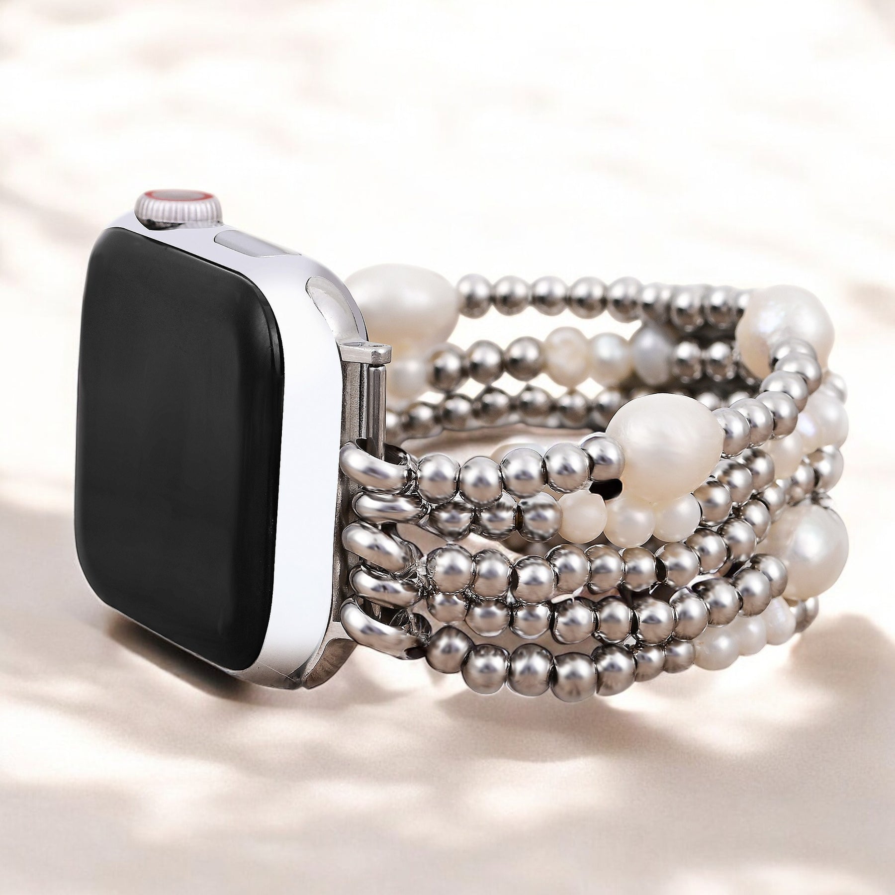 Pulseira Elástica de Pérola e Prata para Apple Watch