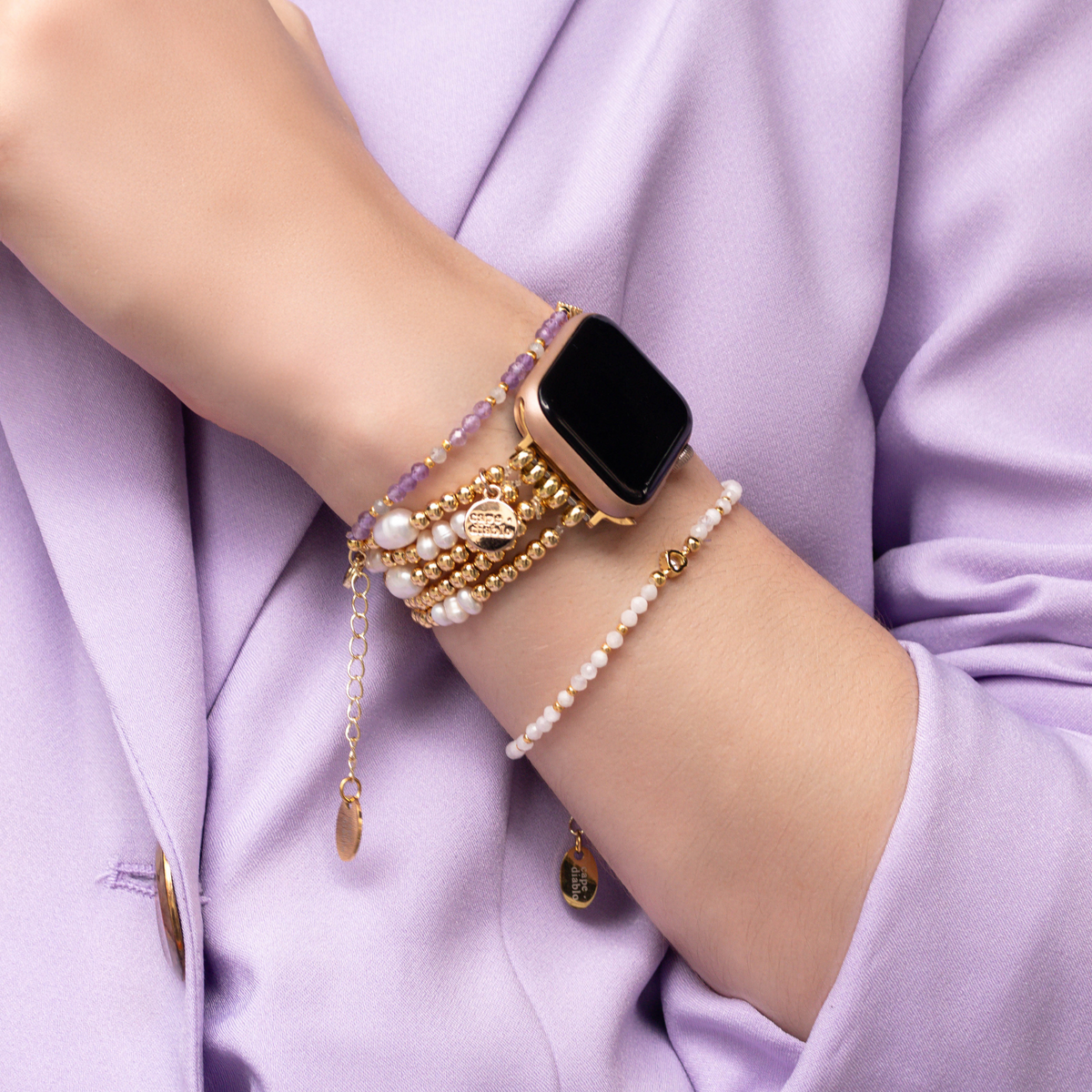 Pulseira Elástica Dourada e Pérola para Apple Watch