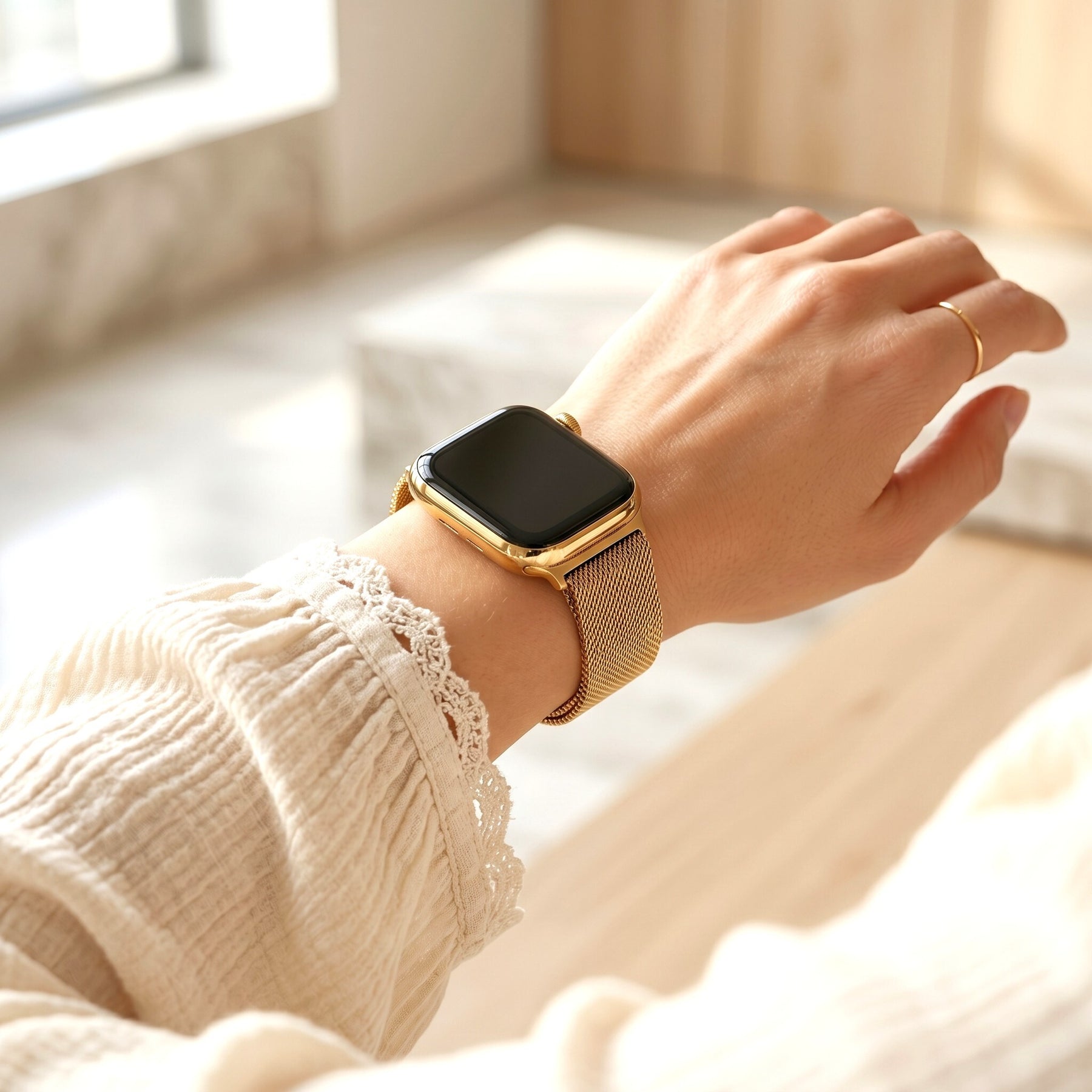 Pulseira de Luxo Elástica em Aço Dourado para Apple Watch
