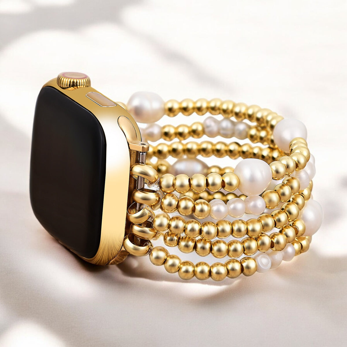 Pulseira Elástica Dourada e Pérola para Apple Watch