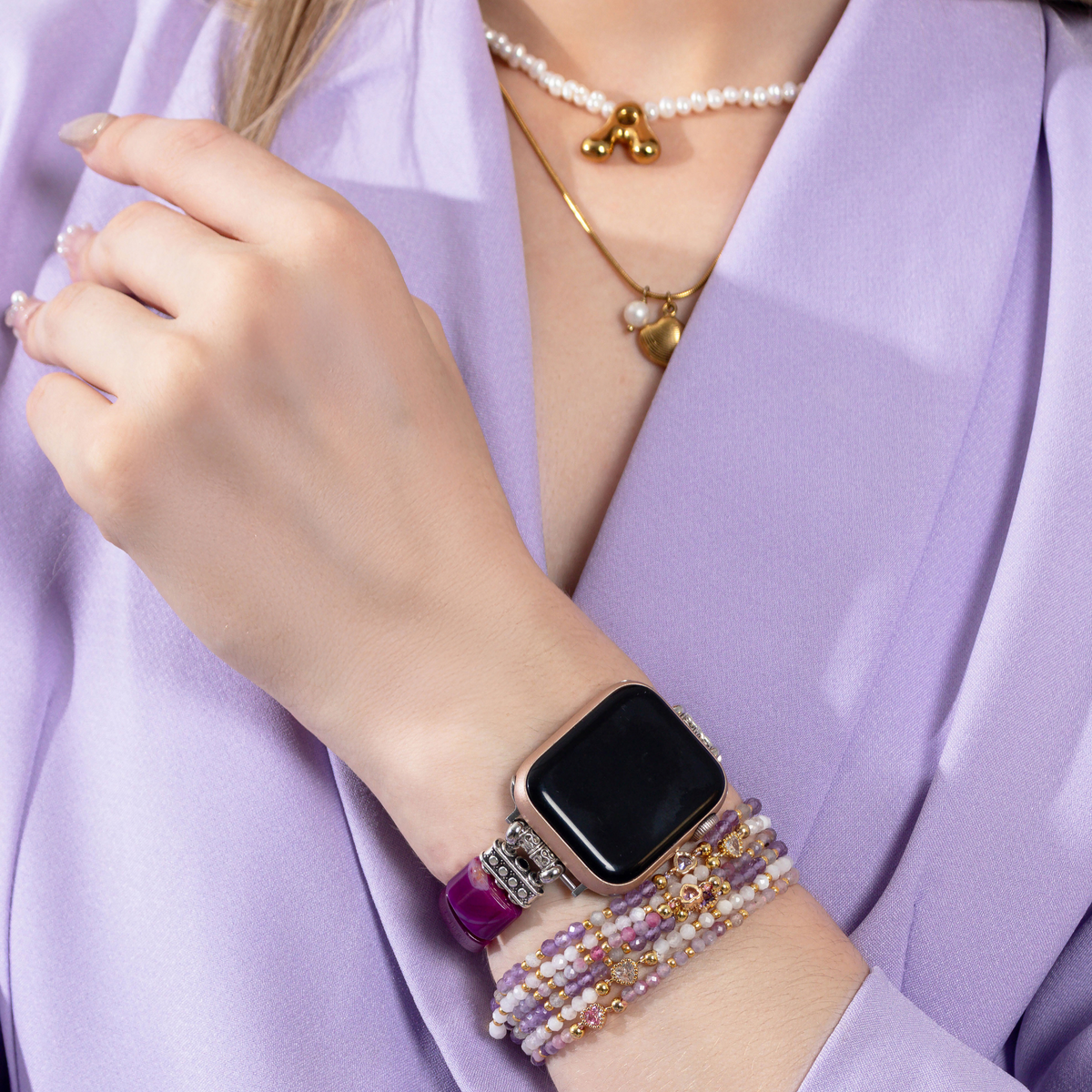 Pulseira Elástica de Ágata Aura Ametista para Apple Watch