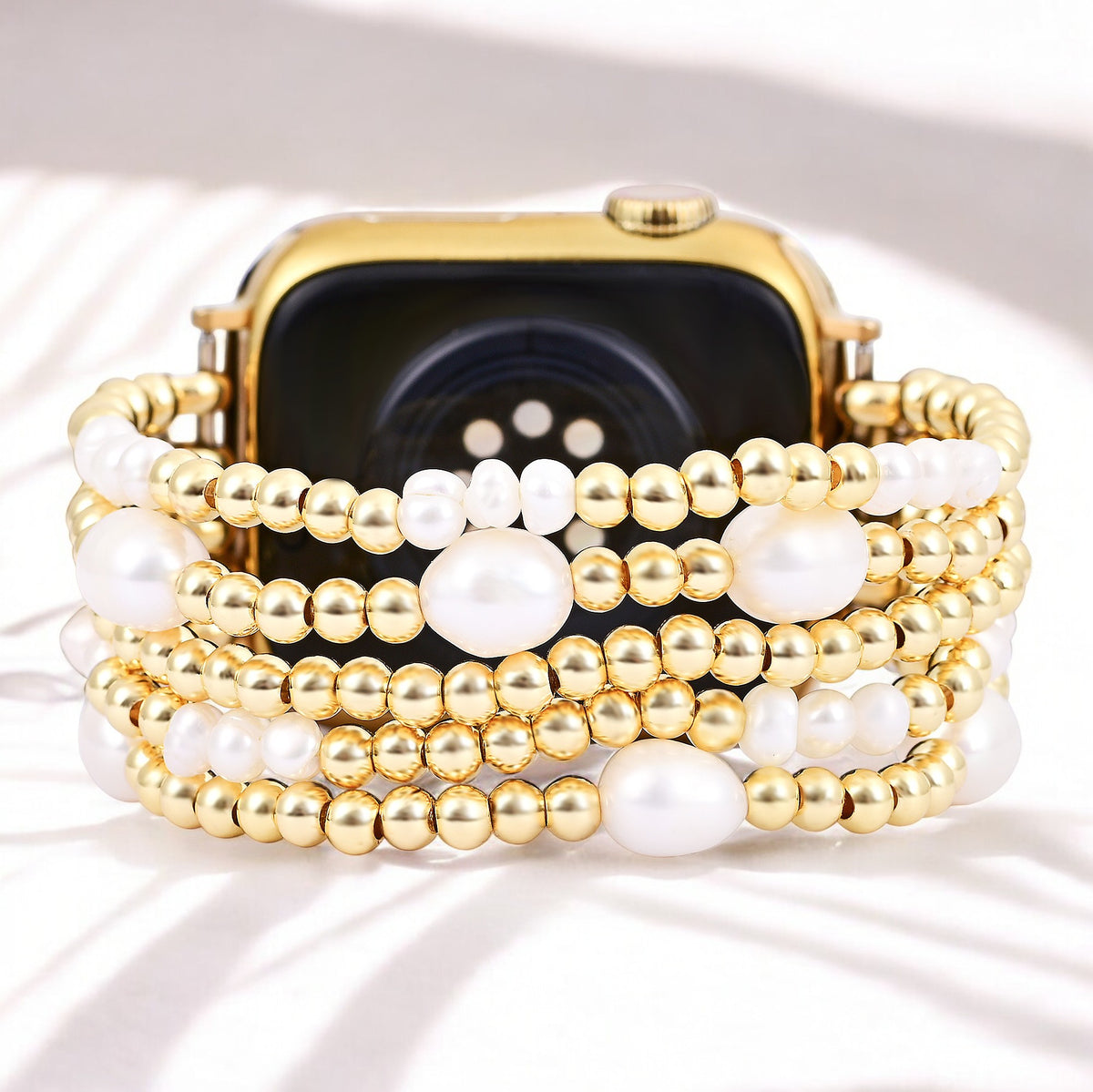 Pulseira Elástica Dourada e Pérola para Apple Watch