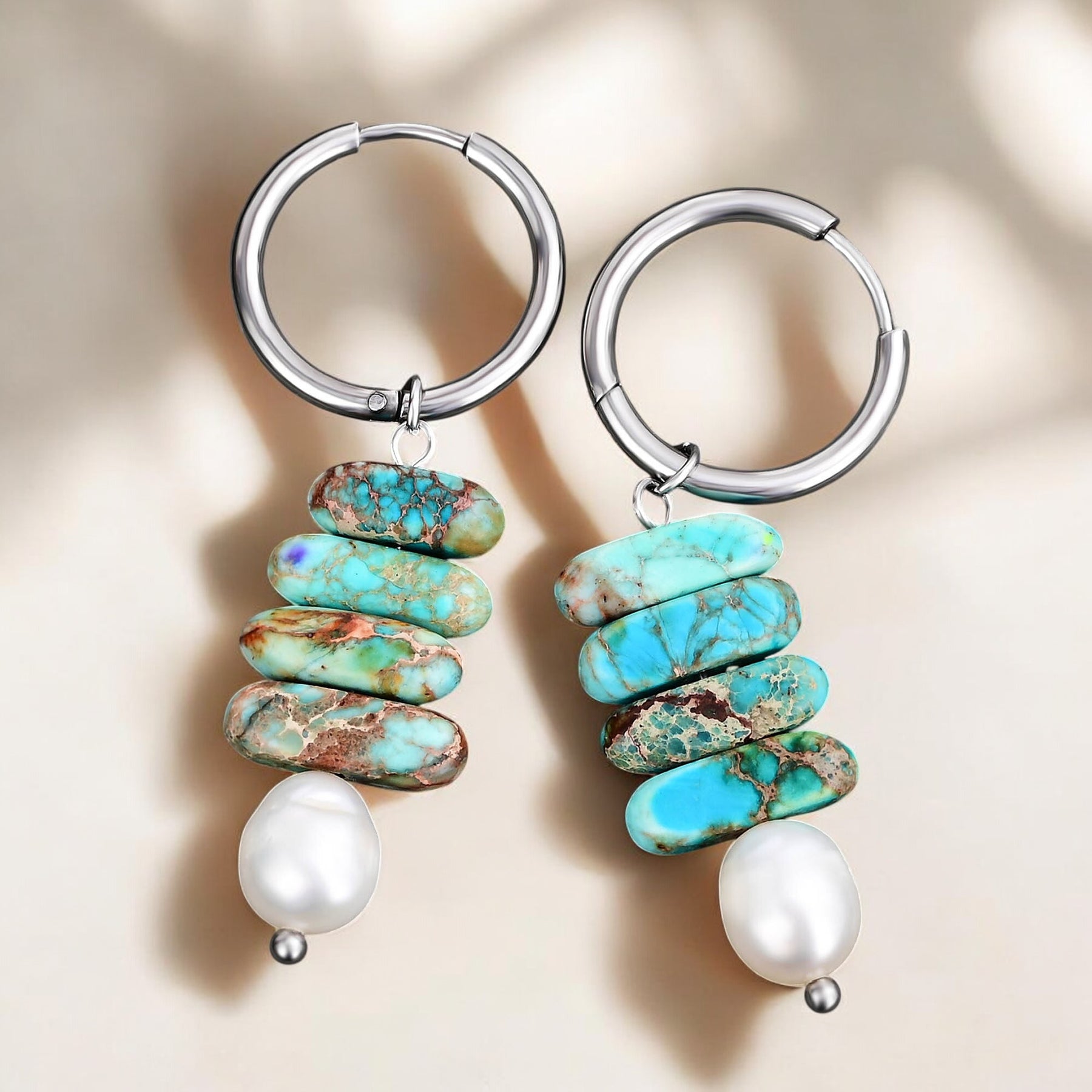 Brincos Argola Ocean Bliss com Pérola e Jaspe Turquesa