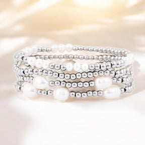 Conjunto de Pulseiras de Pérola e Prata