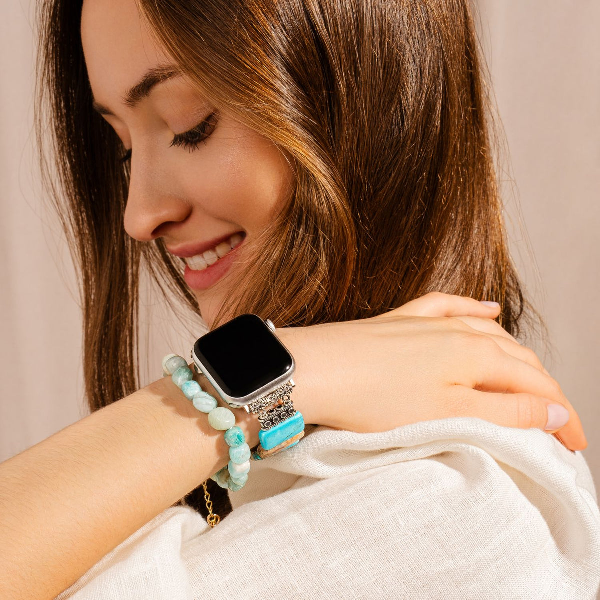 Pulseira elástica Apple Watch na cor turquesa costeira