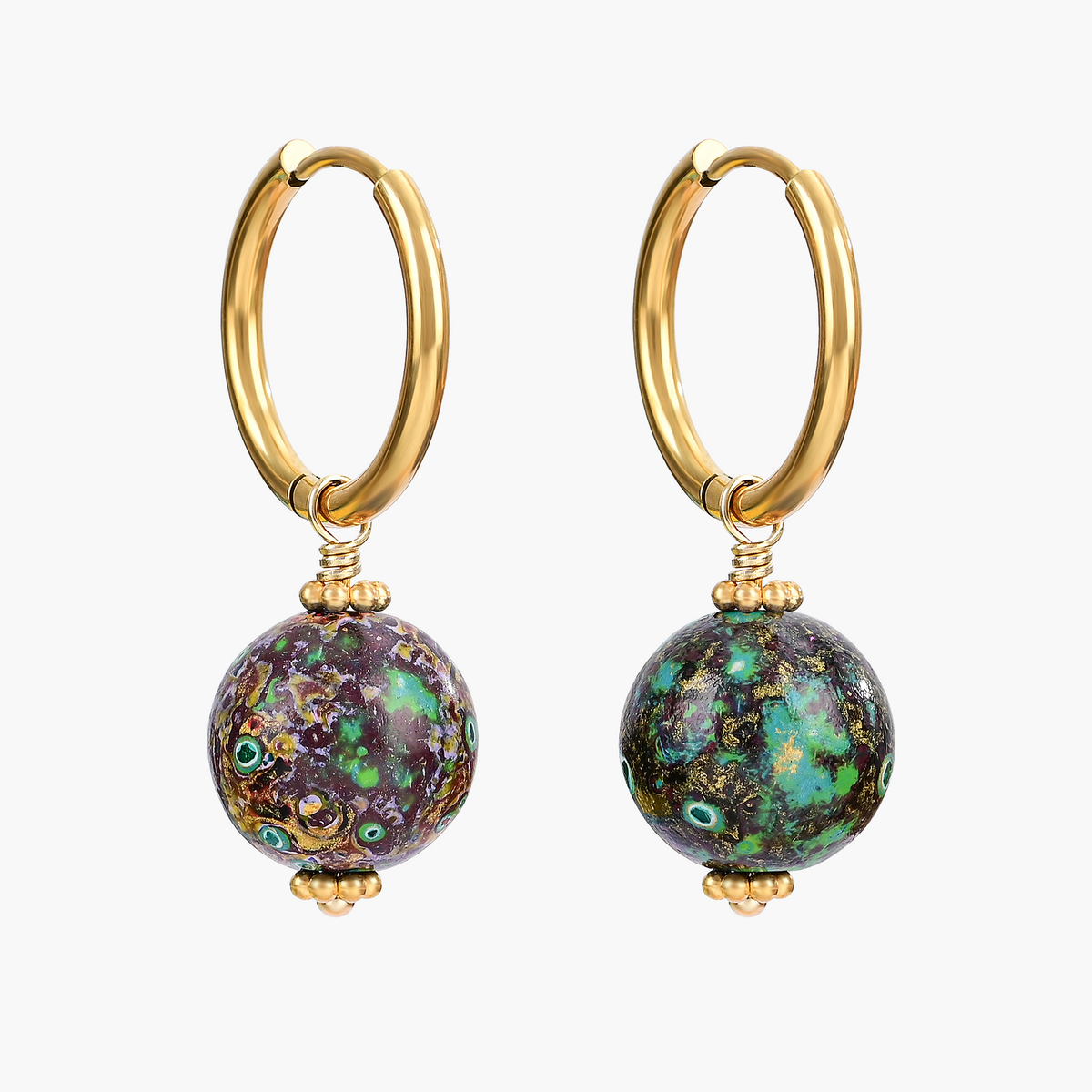 Brincos de Argola com Orbe Manchado Eclipse Esmeralda