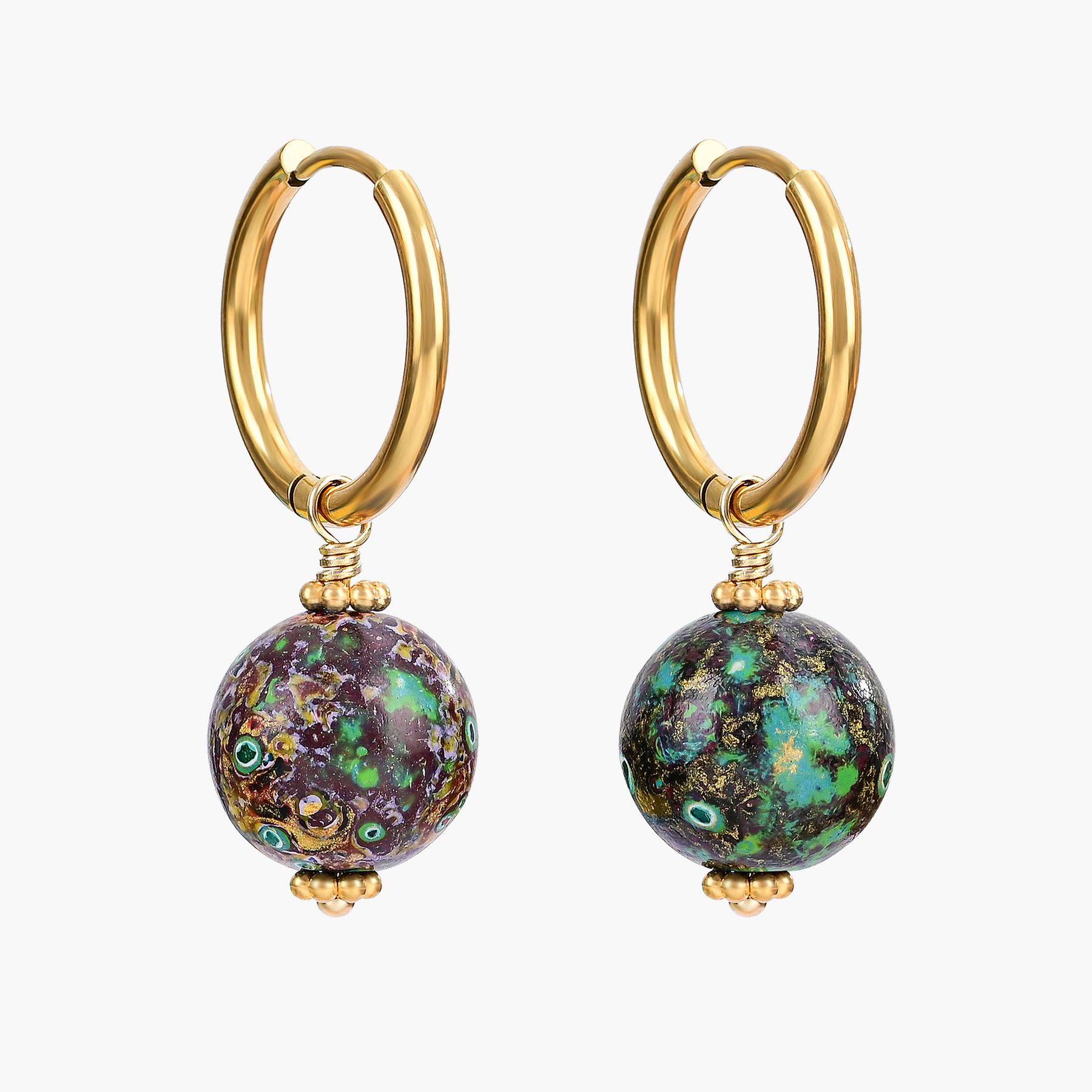 Brincos de Argola com Orbe Manchado Eclipse Esmeralda