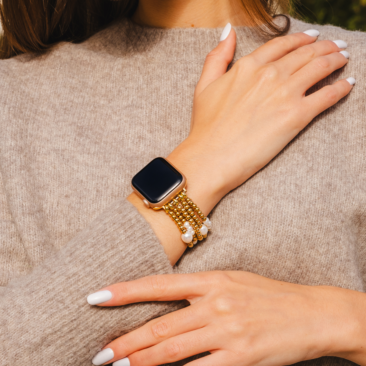 Pulseira Elástica Dourada e Pérola para Apple Watch
