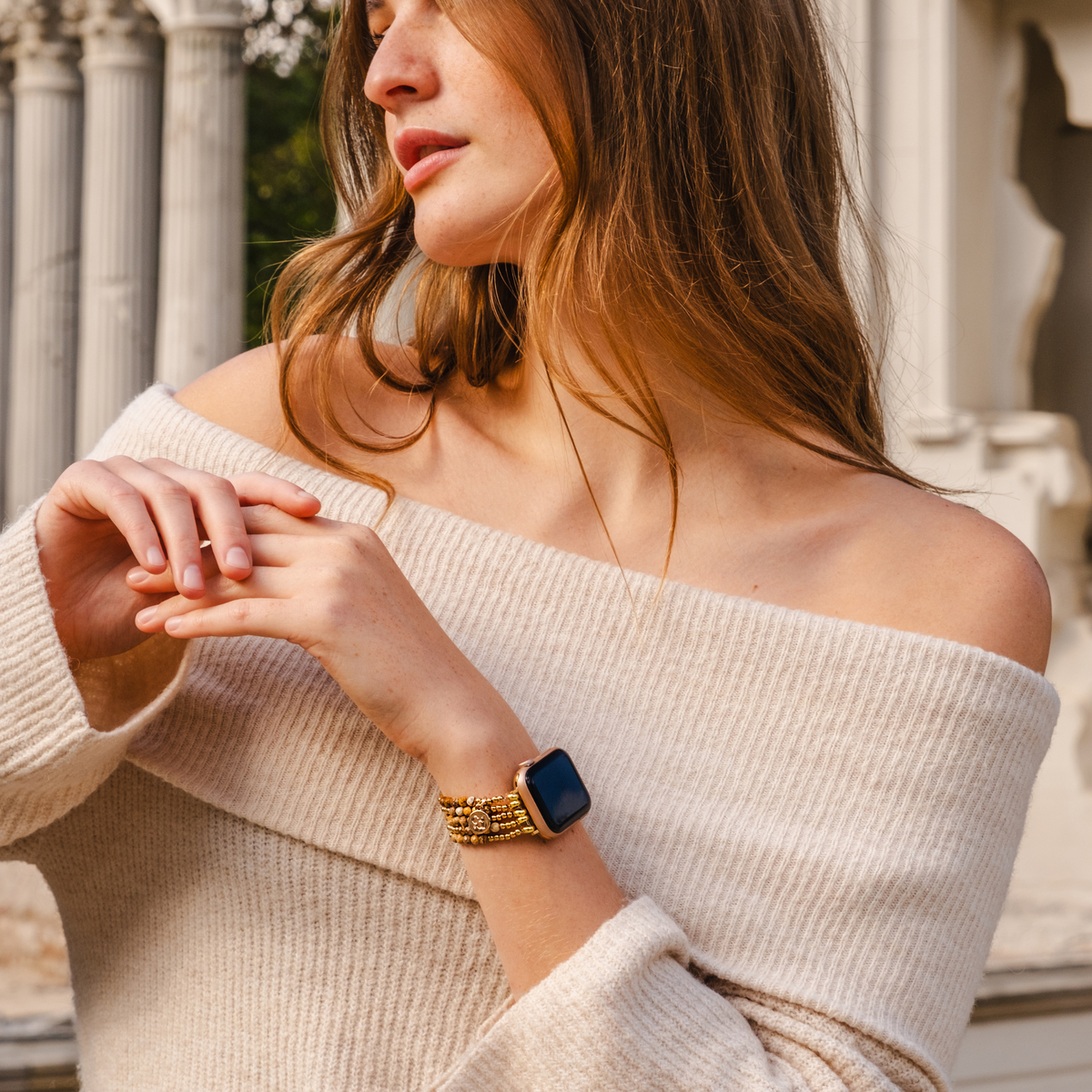 Pulseira Elástica de Jaspe Terra Dourada para Apple Watch