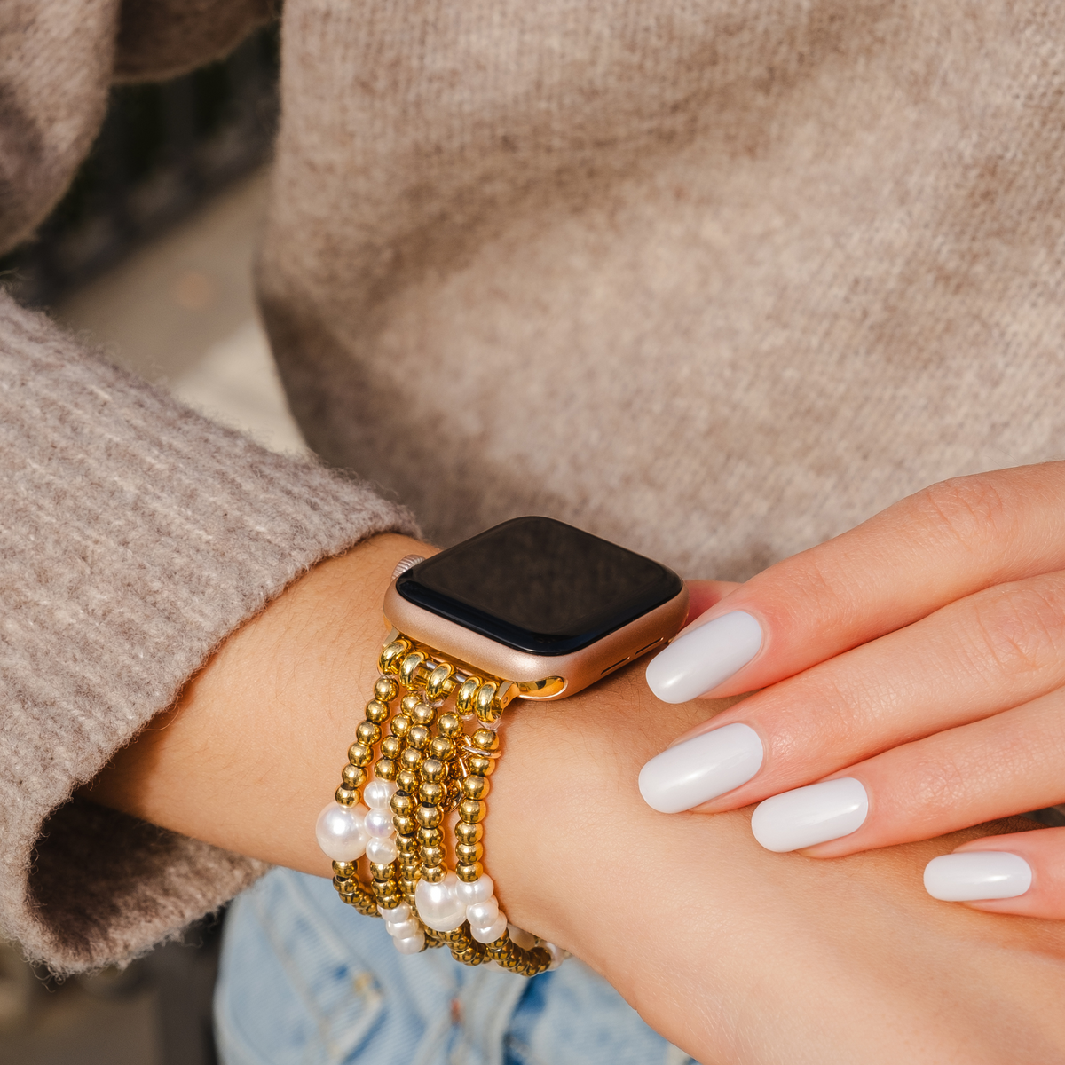 Pulseira Elástica Dourada e Pérola para Apple Watch