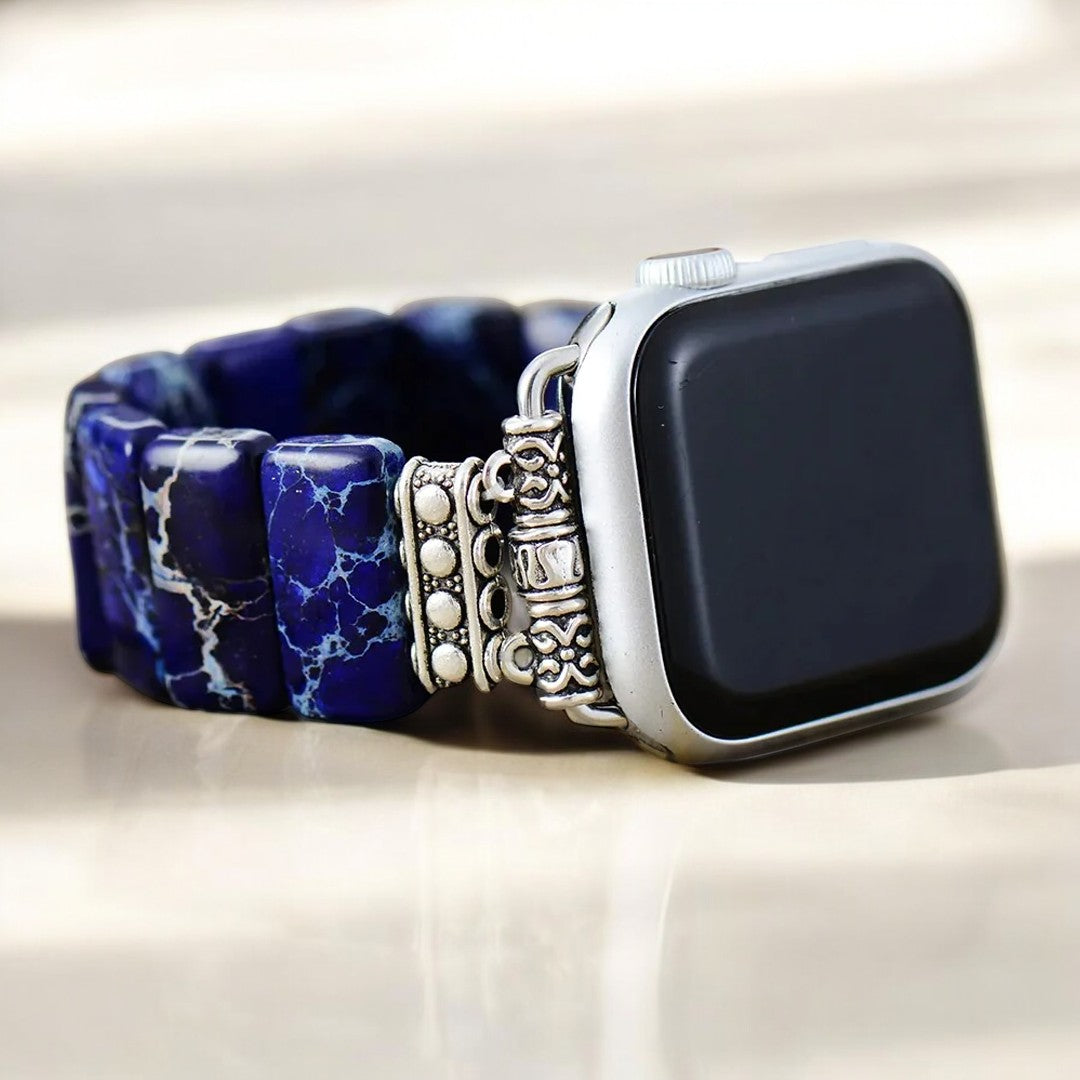 Pulseira Elástica Apple Watch de Jaspe Tibetano Azul Marinho Escuro