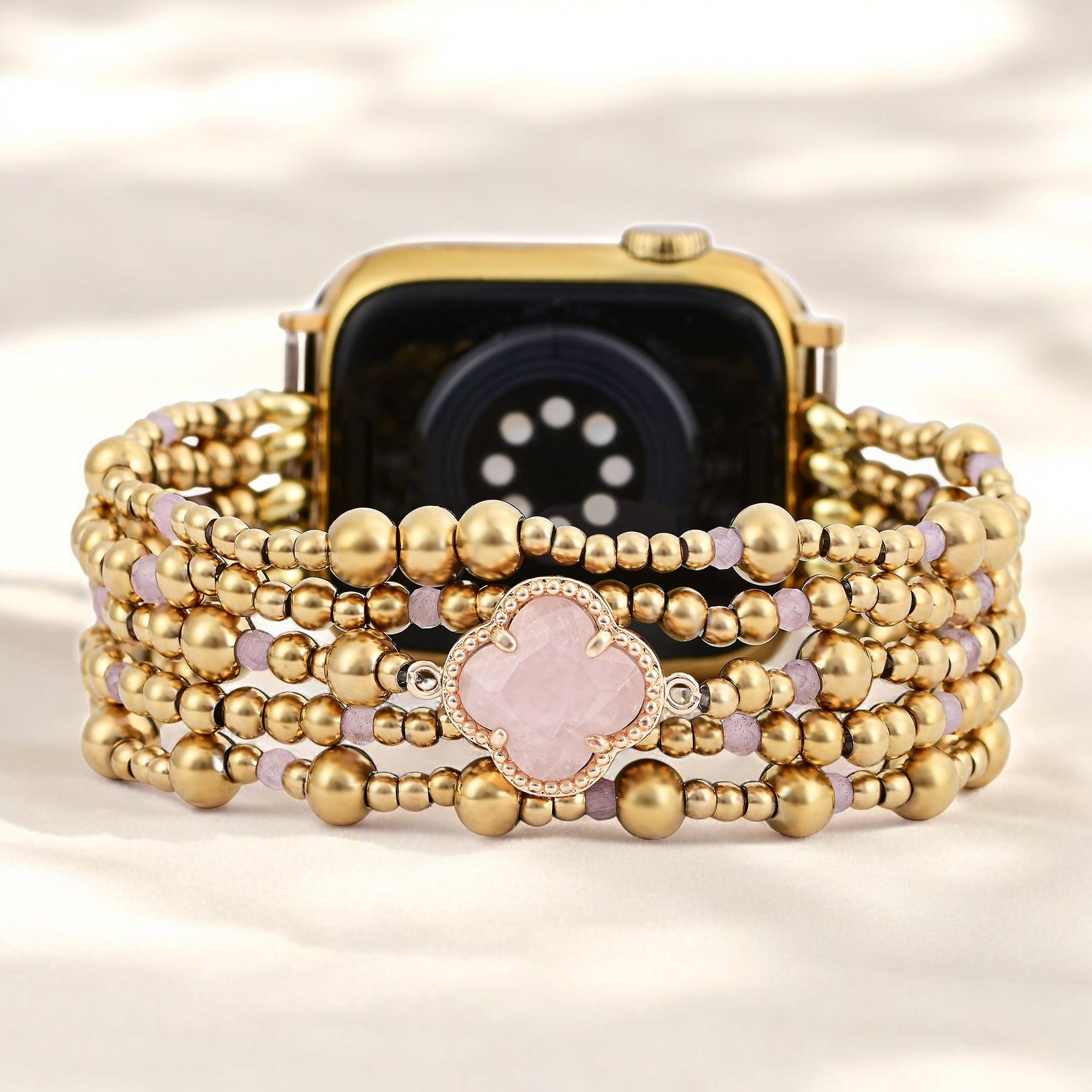Pulseira Elástica Elegante de Quartzo Rosa Encantado para Apple Watch