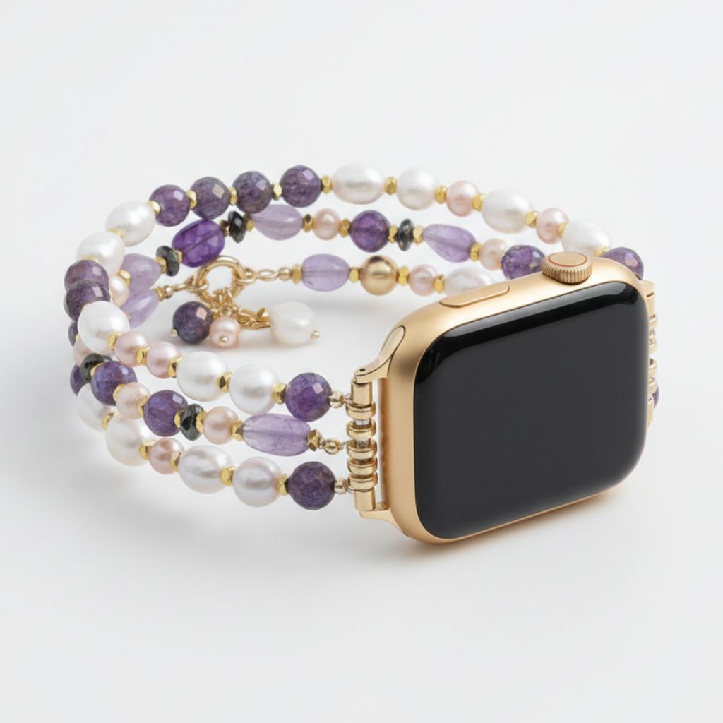 Pulseira elástica de cacho de pérolas ametista para Apple Watch