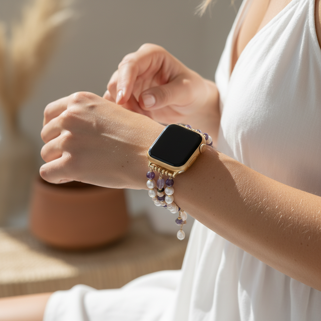 Pulseira elástica de cacho de pérolas ametista para Apple Watch