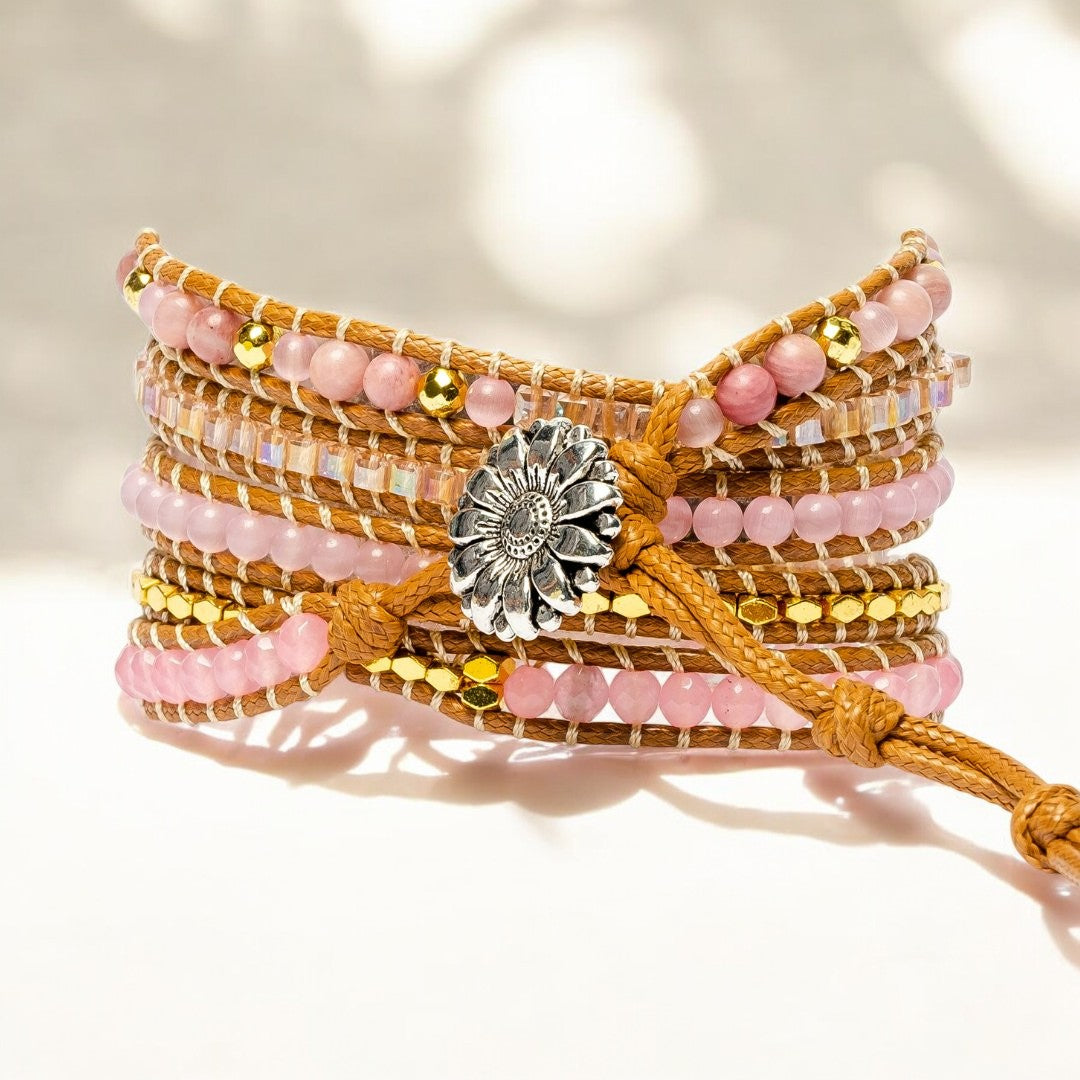 Pulseira Quartzo Rosa Dourada