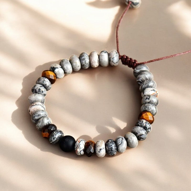 Pulseira masculina em jaspe e olho de tigre
